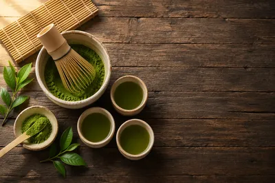 Overhead Matcha Tea Ceremony on Rustic Wood