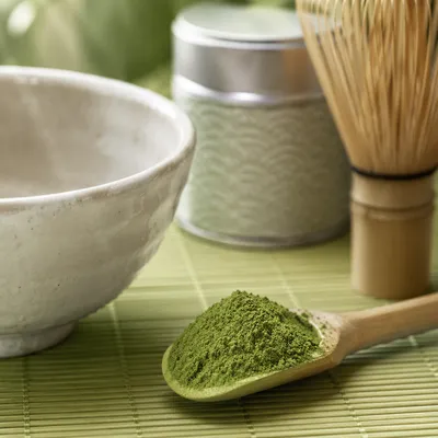 Matcha Powder in Bamboo Scoop with Ceramic Bowl