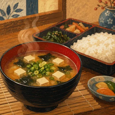 Steaming Miso Soup Bowl with Tofu