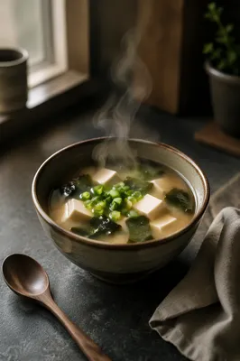 Steaming Miso Soup with Tofu Close-Up
