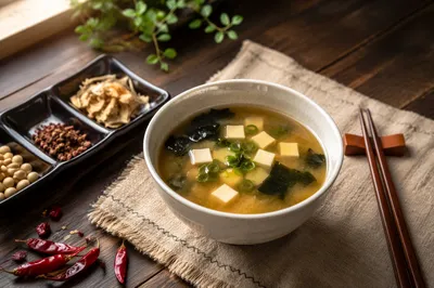 Warm Miso Soup Bowl on Rustic Table