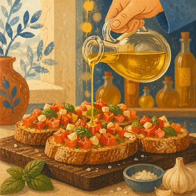 Golden Olive Oil Drizzle on Rustic Bruschetta