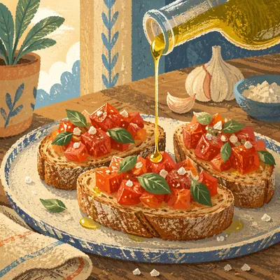 Golden Olive Oil Over Rustic Bruschetta