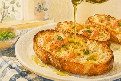 Olive Oil Drizzled Over Rustic Bruschetta