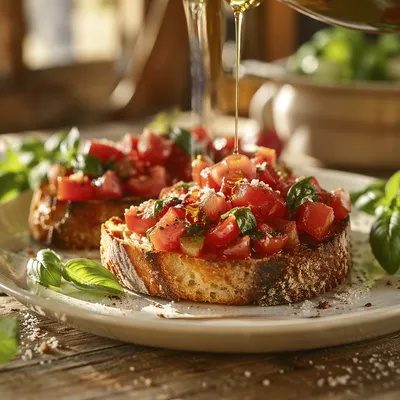 Golden Olive Oil Drizzled on Bruschetta