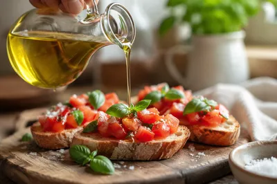 Olive Oil Drizzle on Rustic Bruschetta