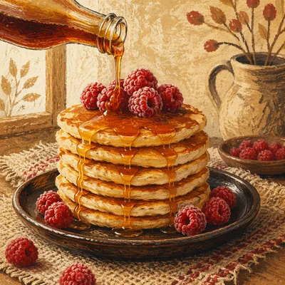 Rustic Pancake Stack with Berries and Syrup