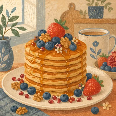 Golden Pancake Stack with Berries and Syrup