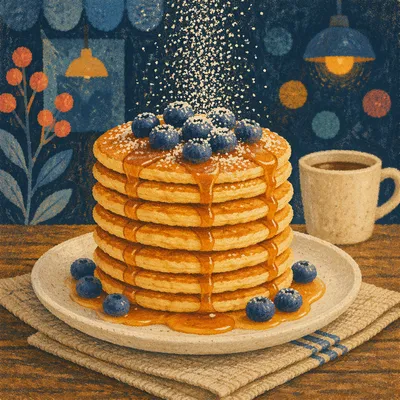 Golden Pancake Stack With Berries and Syrup