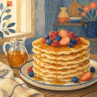 Golden Pancake Stack with Berries and Syrup
