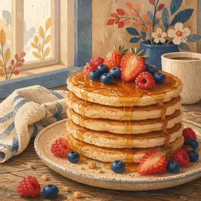 Golden Pancake Stack with Fresh Berries