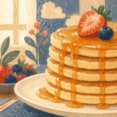 Golden Pancake Stack with Berries and Syrup