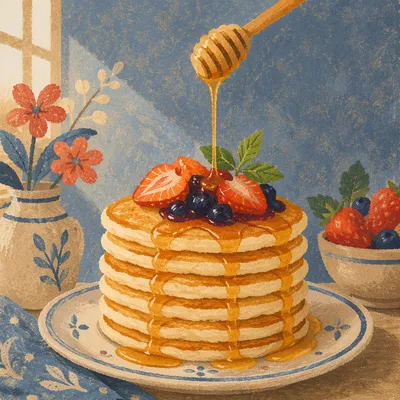 Golden Pancake Stack with Berries and Syrup
