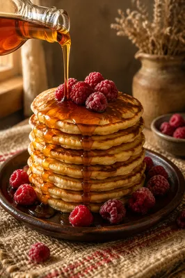 Rustic Pancake Stack with Berries and Syrup