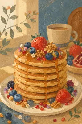 Golden Pancake Stack with Berries and Syrup