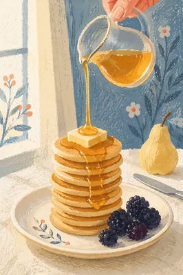 Golden Pancake Stack with Berries and Syrup