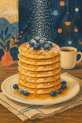Golden Pancake Stack With Berries and Syrup
