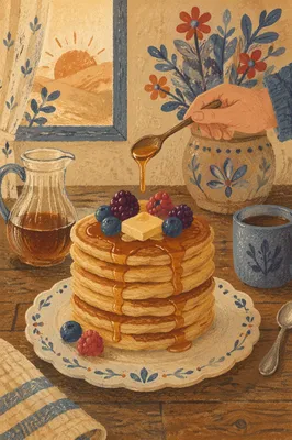 Cozy Pancake Stack with Berries and Syrup