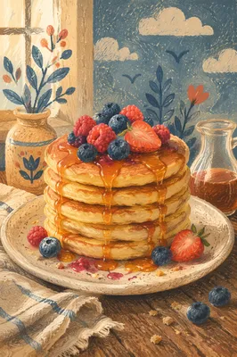 Cozy Pancake Stack with Berries and Syrup