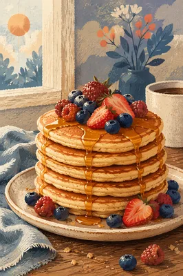 Cozy Pancake Stack with Berries and Syrup