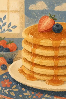 Golden Pancake Stack with Berries and Syrup