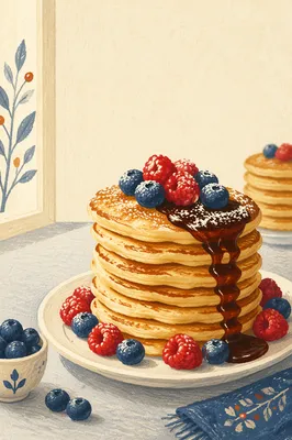 Golden Pancake Stack with Berries Syrup