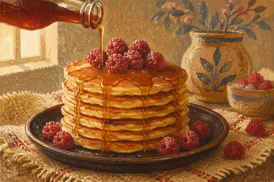 Rustic Pancake Stack with Berries and Syrup