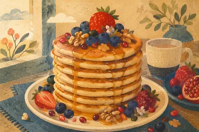 Berry Pancake Stack with Dripping Syrup