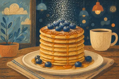 Golden Pancake Stack with Blueberries and Syrup
