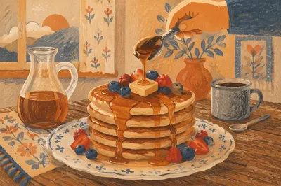 Rustic Pancake Stack with Berries and Syrup