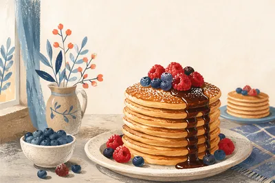 Golden Pancake Stack with Berries and Syrup
