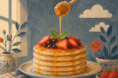 Golden Pancake Stack with Berry Syrup