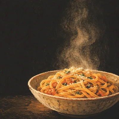 Steaming Pasta Bowl in Warm Moody Light