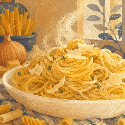Warm Steaming Pasta Close Up in Ceramic Bowl