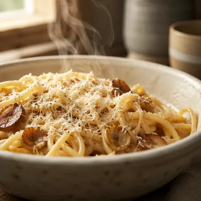 Steaming Golden Pasta in Warm Window Light