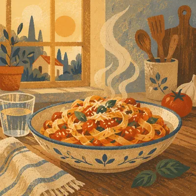 Steaming Pasta Bowl at Golden Hour