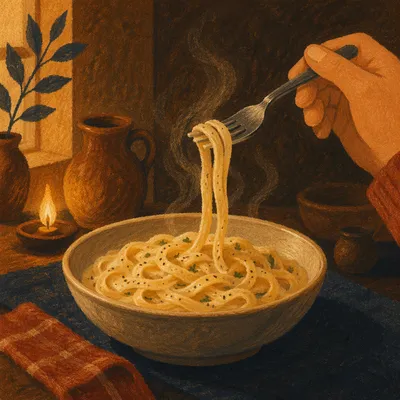 Steaming Creamy Pasta in Warm Light