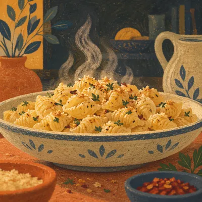 Steaming Herb Pasta in Ceramic Bowl
