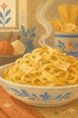 Warm Steaming Pasta in Rustic Kitchen