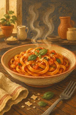 Steaming Rustic Tagliatelle in Tomato Basil Sauce