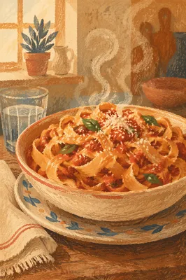 Steaming Rustic Pasta in Warm Light