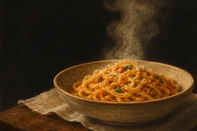 Steaming Pasta Bowl in Warm Amber Light