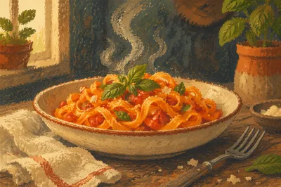 Steaming Rustic Tagliatelle in Tomato Basil Sauce