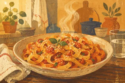 Steaming Rustic Pasta in Warm Kitchen Light