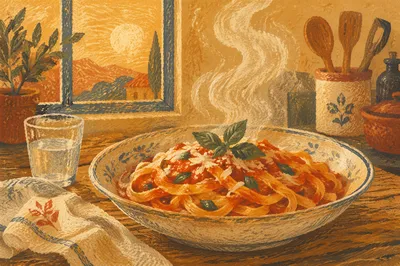 Steaming Pasta Bowl at Golden Hour