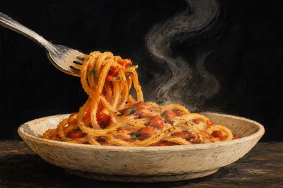 Steaming Spaghetti Close Up on Dark Table