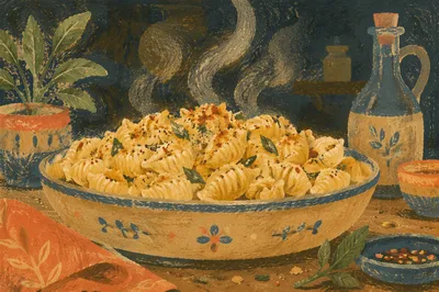 Steaming Herb Pasta in Ceramic Bowl