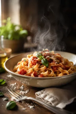 Steaming Rustic Tagliatelle in Tomato Basil Sauce