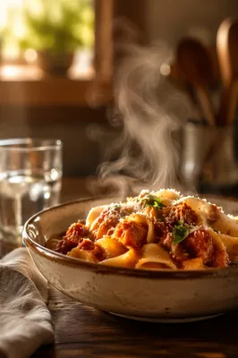 Steaming Rustic Pasta at Golden Hour
