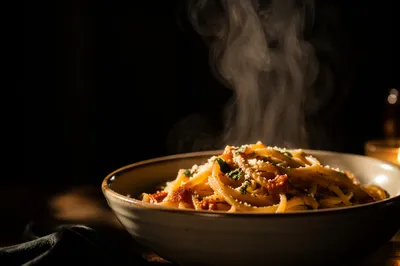 Steaming Pasta Bowl in Warm Studio Light